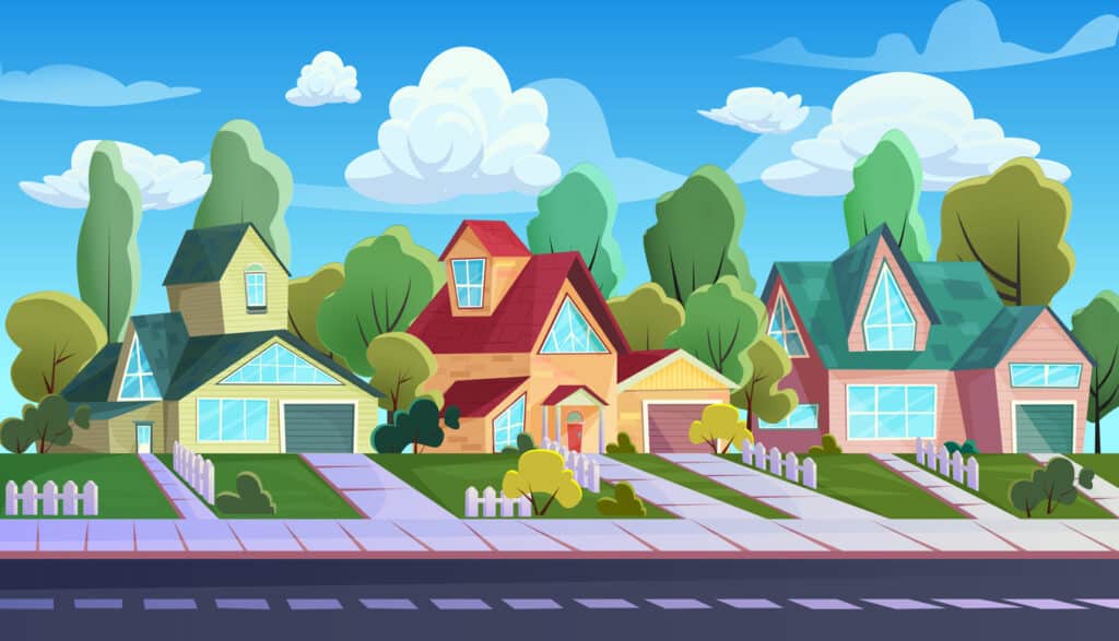 Houses on street of suburb town vector illustration. Cartoon urban townscape with comic exterior of cottage family houses, village asphalt road and sidewalk, streetscape neighbourhood background